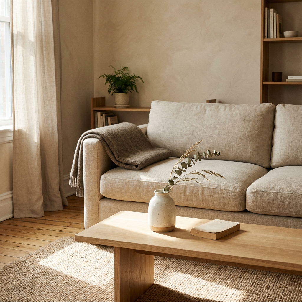 AI-generated example: a sunlit living room with a linen sofa, warm wood and a vase